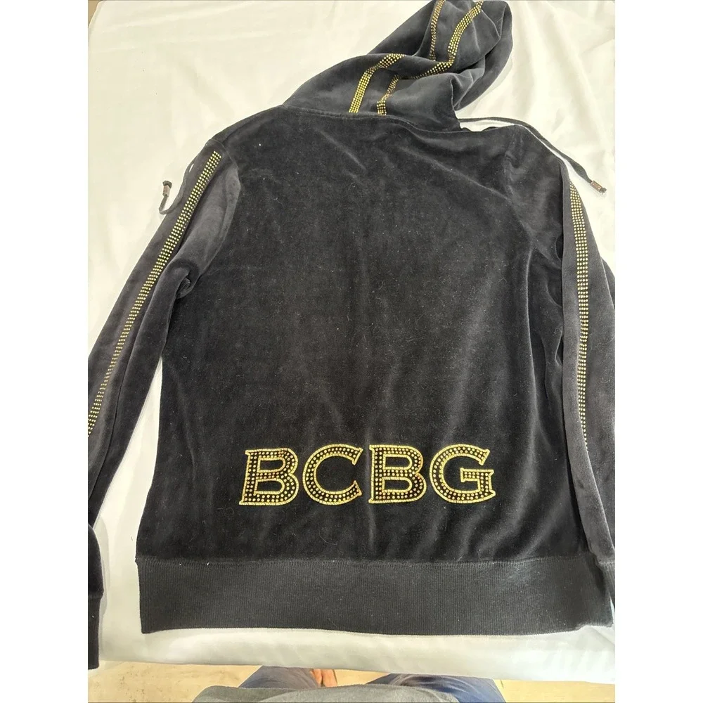 BCBGMAXAZRIA  Velour Rhinestone Full Zip Hoodie Jacket Bling Black Med